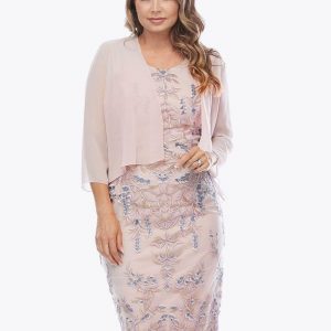 Mesh Embroidered Dress with Chiffon Jacket