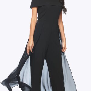Stretch Crepe With Chiffon Overlay Jumpsuit