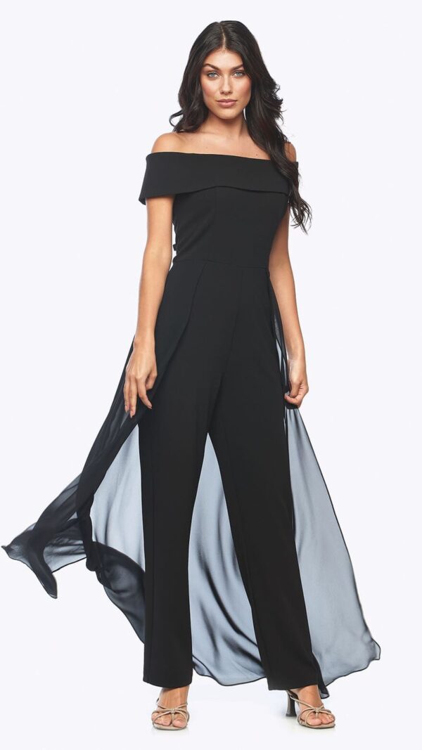 Stretch Crepe With Chiffon Overlay Jumpsuit
