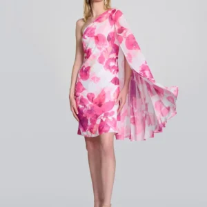 Joseph Ribkoff Chiffon Floral One Shoulder Cape Dress
