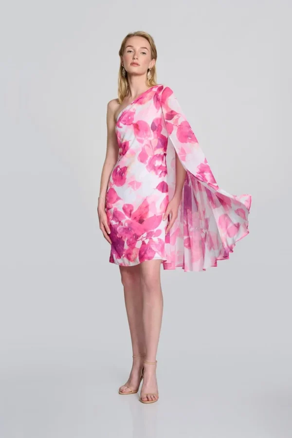 Joseph Ribkoff Chiffon Floral One Shoulder Cape Dress