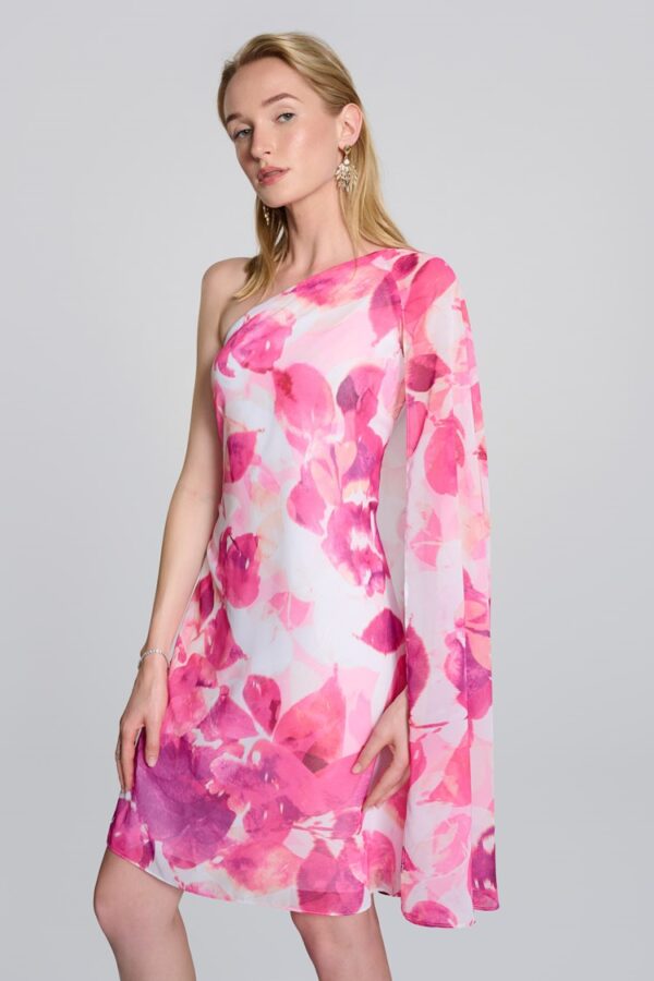 Joseph Ribkoff Chiffon Floral One Shoulder Cape Dress - Image 2