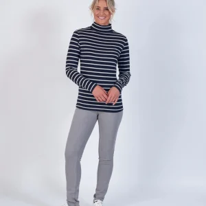 Vassalli 100% Merino Basic Polo Neck Top in Ink Stripe