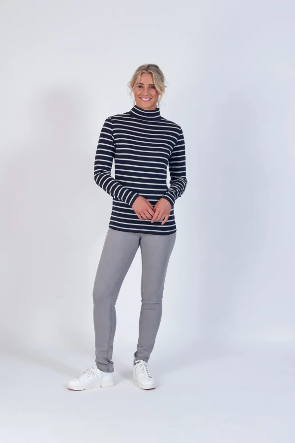 Vassalli 100% Merino Basic Polo Neck Top in Ink Stripe