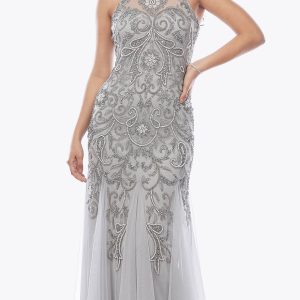 Long Sequin Mesh Gown with Pearl Beads