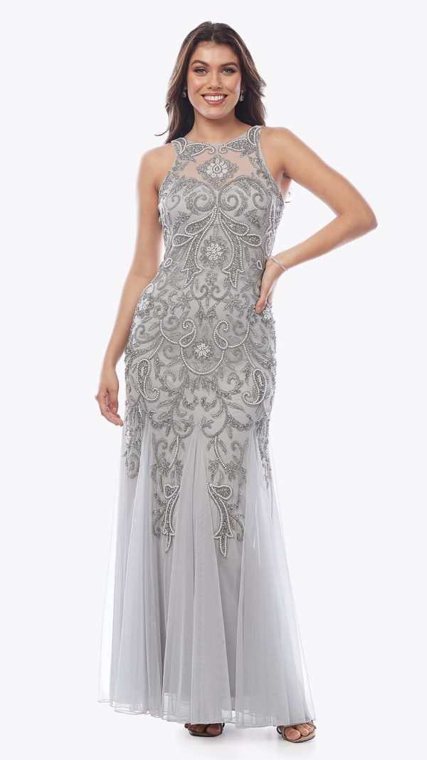Long Sequin Mesh Gown with Pearl Beads