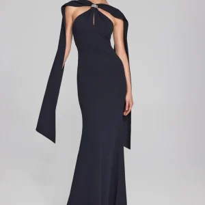 Joseph Ribkoff Scuba Crepe Trumpet Gown with Rhinestone Detail