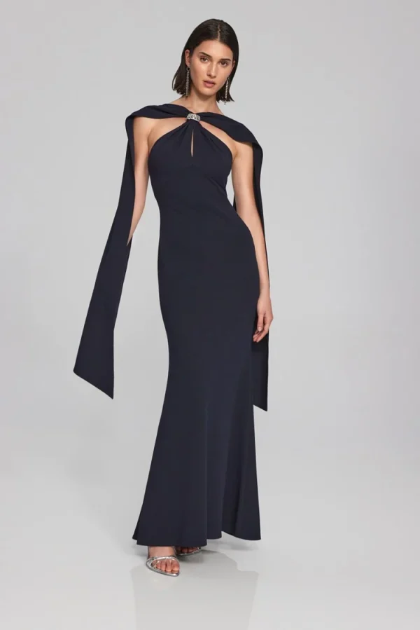 Joseph Ribkoff Scuba Crepe Trumpet Gown with Rhinestone Detail