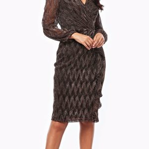 This stretch glitter mesh dress is rafted from a high-quality stretch fabric infused with glittery threads. Shimmers with iridescent bronze.