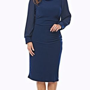Mid-length Shift Dress with Round Neckline and Full Chiffon Sleeve With Cuff