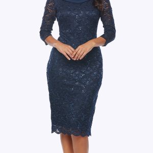 Stretch Sequin Lace Cocktail Dress with Chiffon Draped Cowl