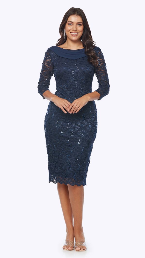 Stretch Sequin Lace Cocktail Dress with Chiffon Draped Cowl