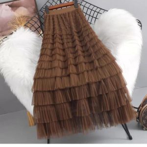 Mesh Multilayered Ruffle Tulle Skirt - Chocolate