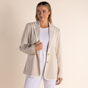 Two T's Linen Mix Blazer with Contrast Trim - Natural/White