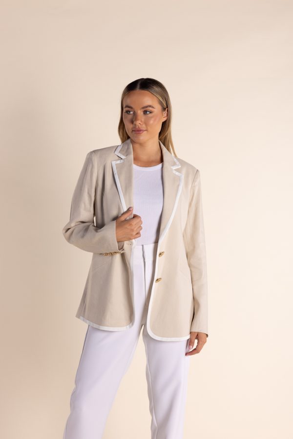 Two T's Linen Mix Blazer with Contrast Trim - Natural/White