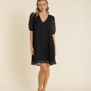 Two T's Short Sleeve Floral Laser Cut Dress - Black