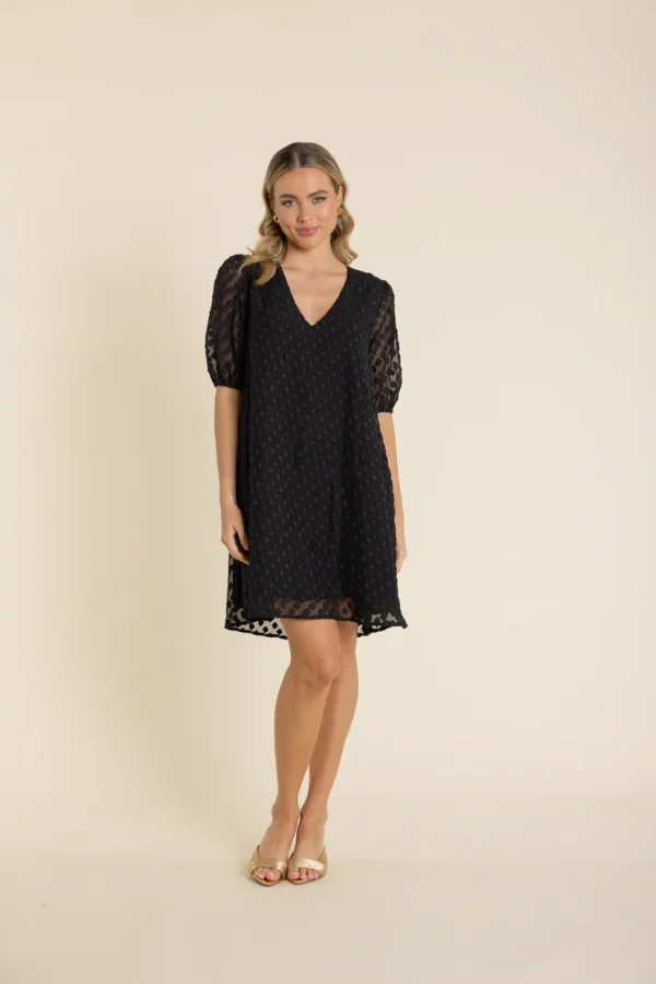 Two T's Short Sleeve Floral Laser Cut Dress - Black