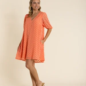 Two T's Short Sleeve Floral Laser Cut Dress - Tangelo