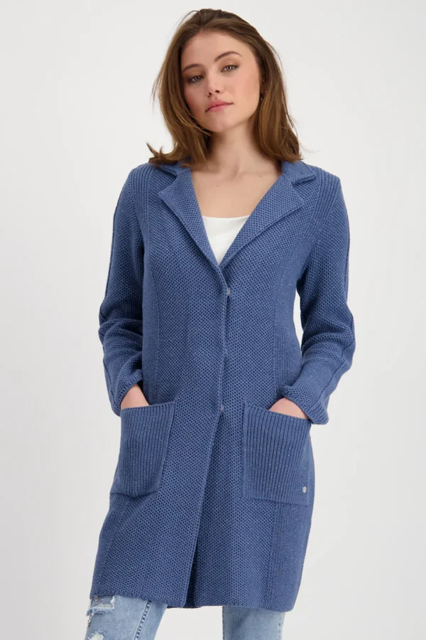 This Monari Knitted Jacket is a beautiful and versatile piece!  A knitted coatigan with a lapel collar in a metallic blend.