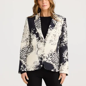 The Ritz Blazer is a bold twist on a classic. Made from a luxe printed polyester satin fabric, it features eye-catching baroque-inspired details.